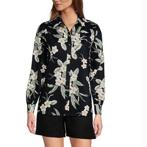 Lands End 100% Linen Black Floral Button-front Shirt Women’s Size Medium (10-12)